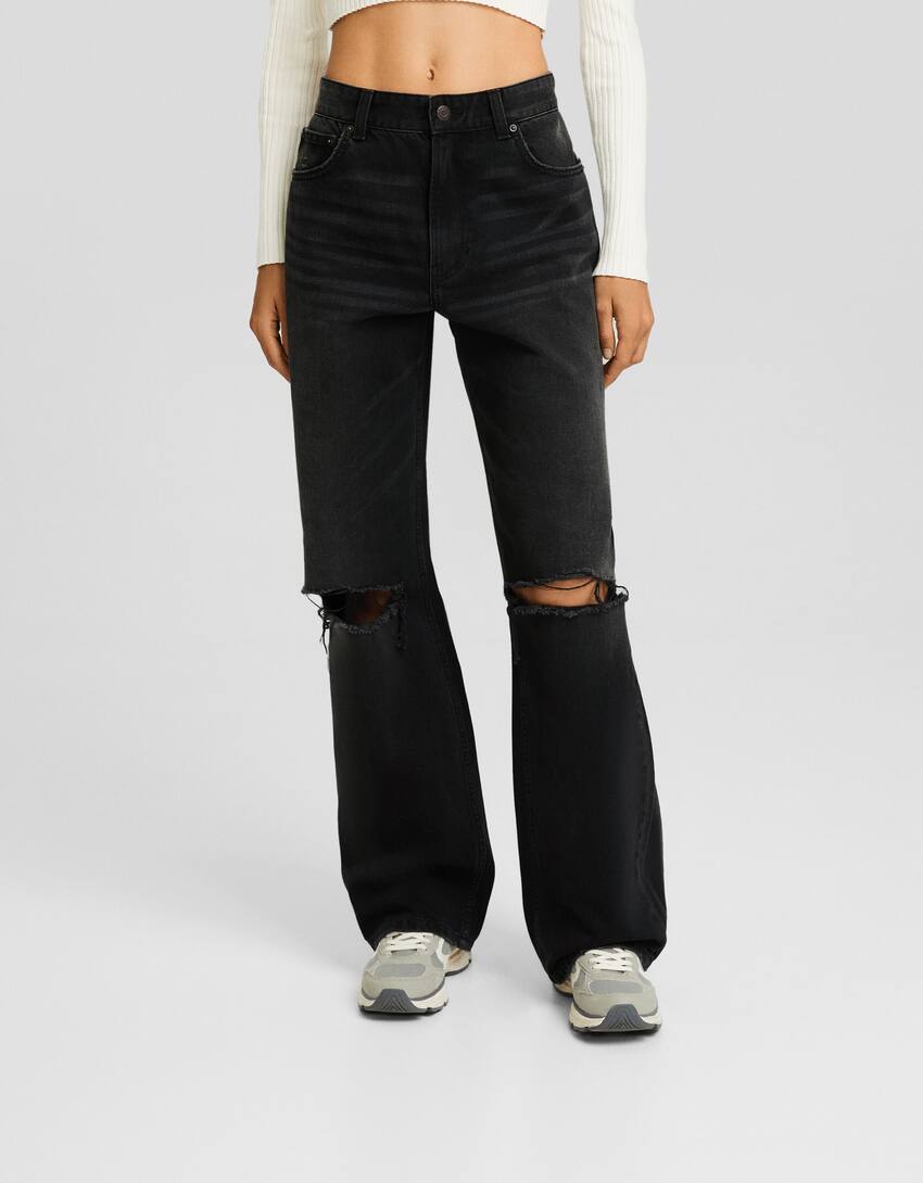 Ripped wide-leg ’90s jeans-Black-1