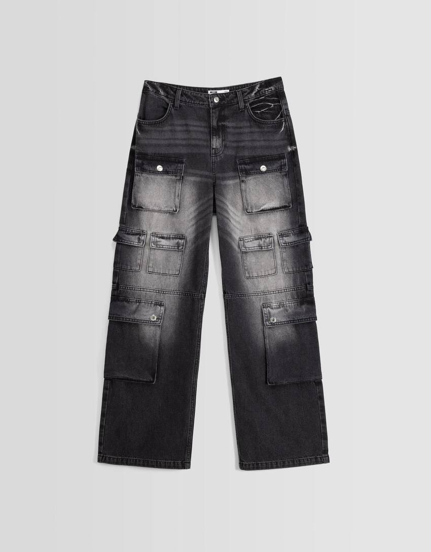 بنطال جينز كارغو واسع-أسود-4