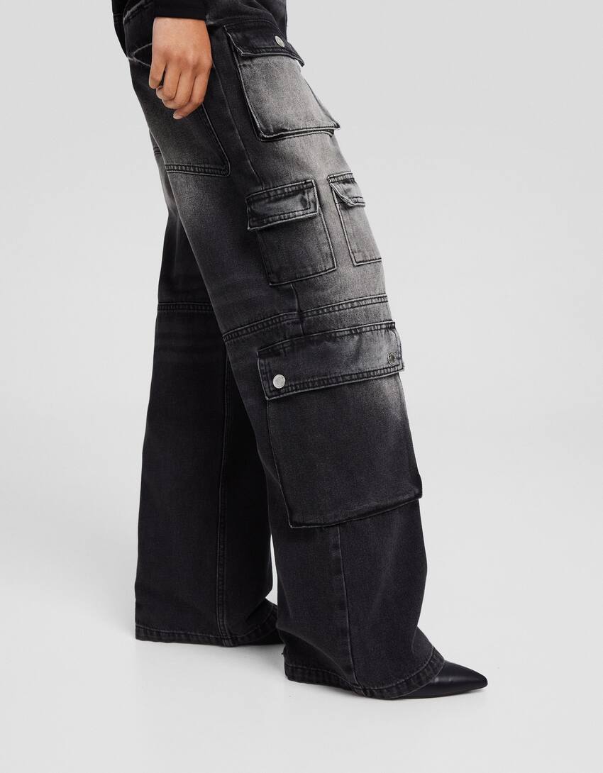 بنطال جينز كارغو واسع-أسود-3