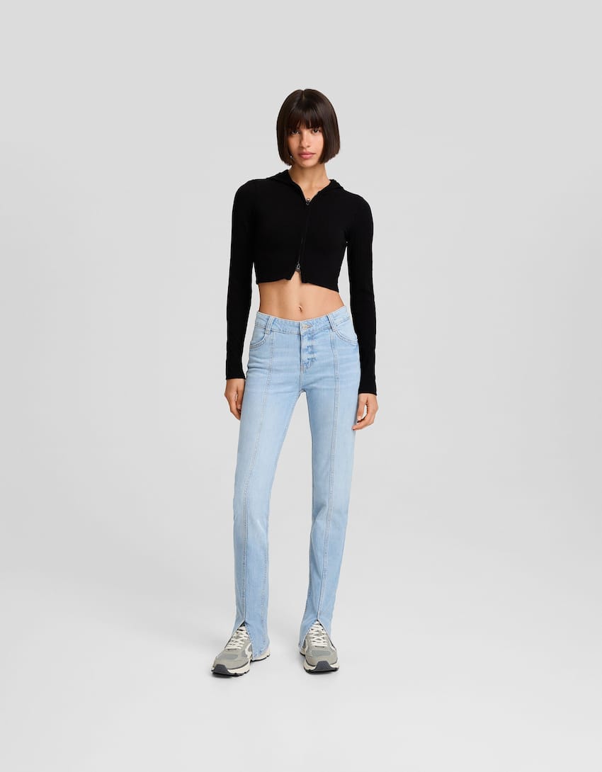 Low waist skinny jeans with front slit-Light blue-0