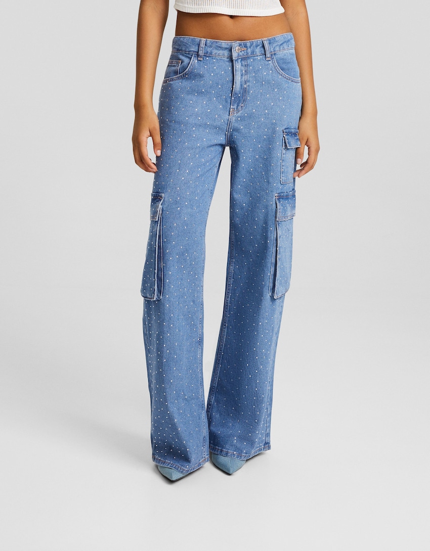 Jeans cargo strass-Azul-1