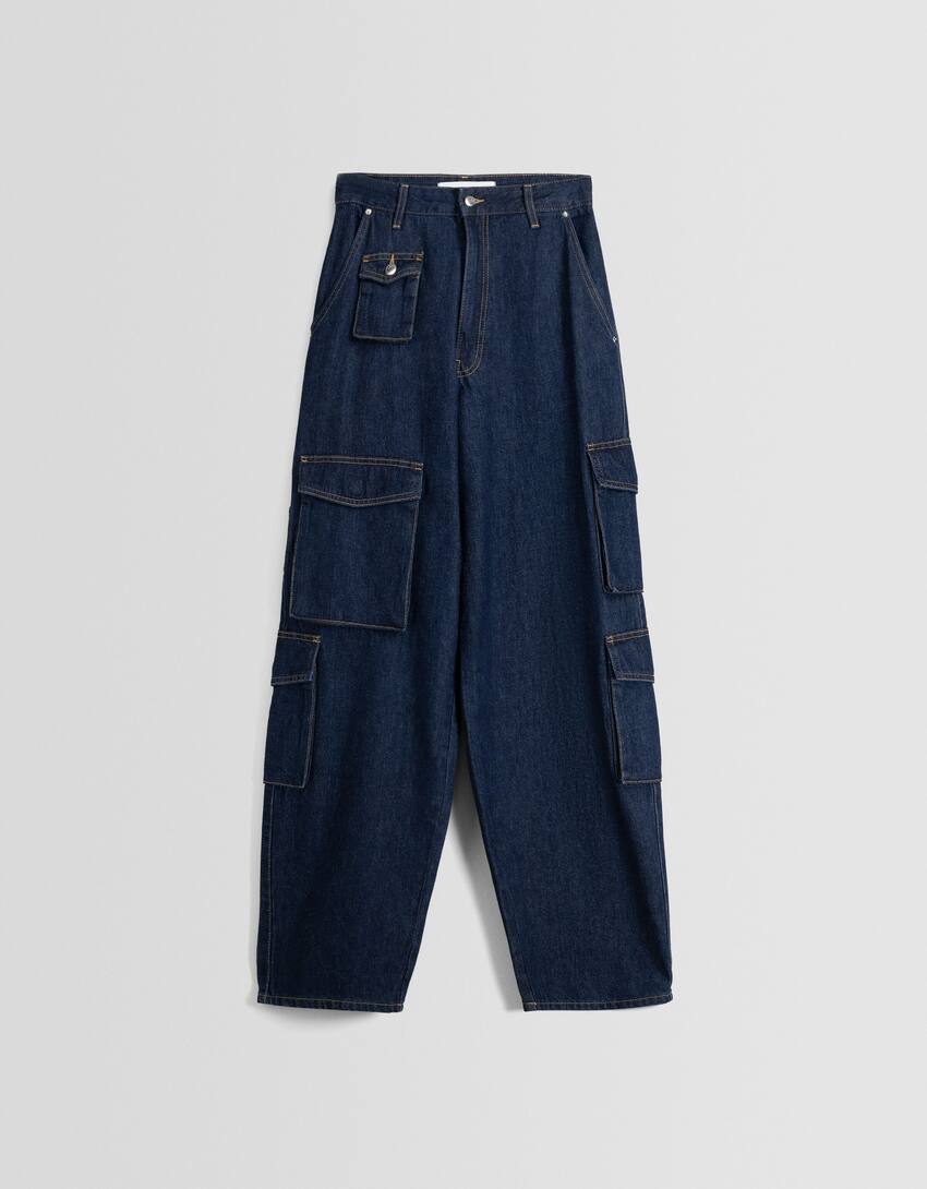 Faded-effect balloon cargo jeans-Navy-4