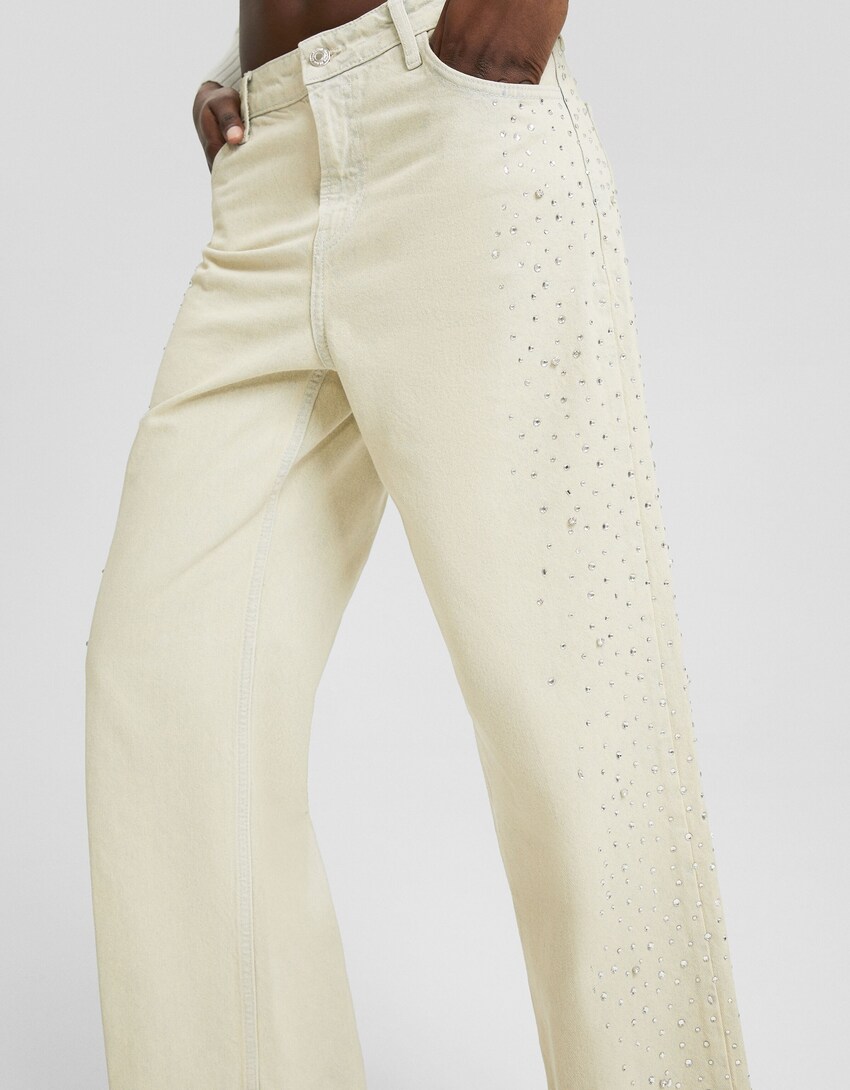 Faded-effect rhinestone baggy jeans-Light blue-3