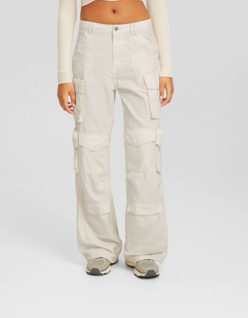 Multi-pocket poplin trousers-Off white-1