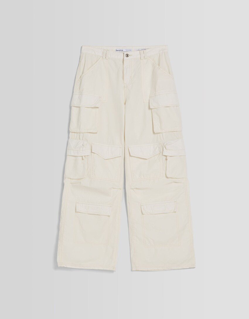 Multi-pocket poplin pants-Off white-5