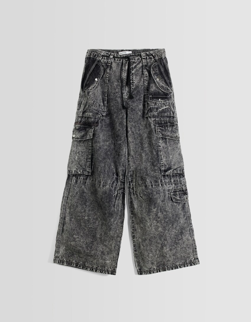 Faded straight fit multi-pocket pants-Grey-4