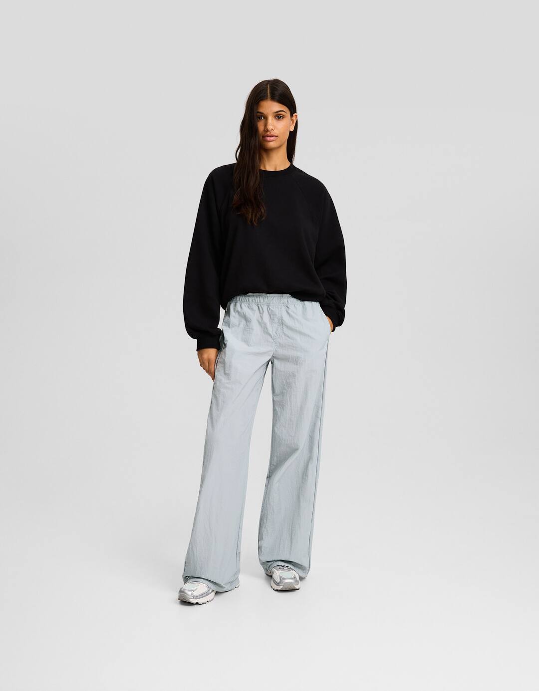 Wide-leg nylon trousers with detail