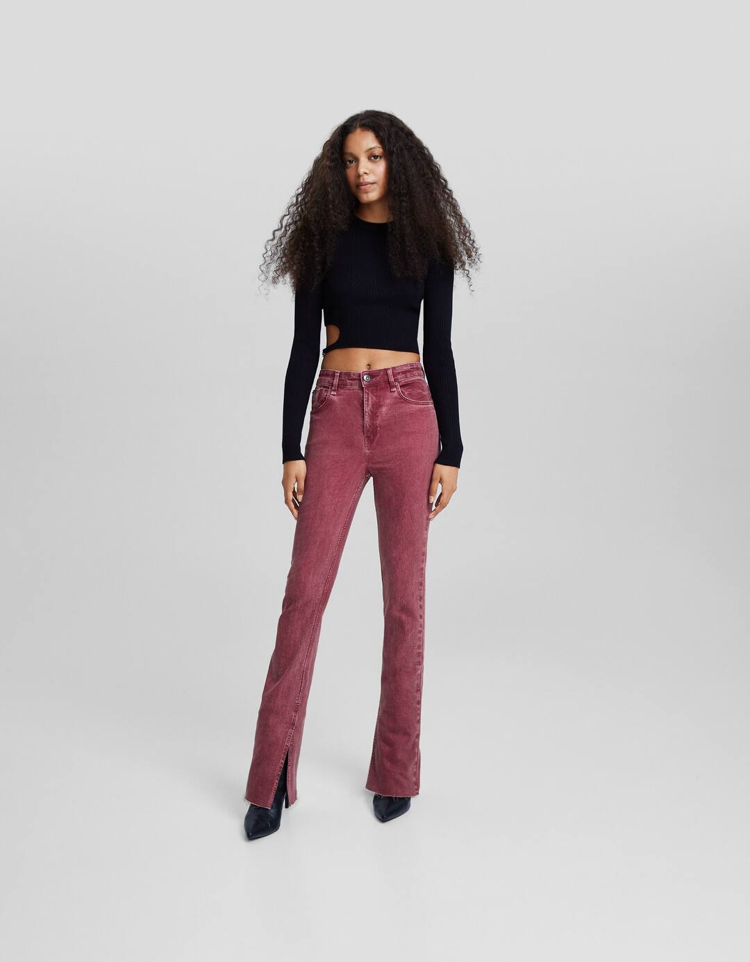 Cotton blend straight fit trousers with split hems
