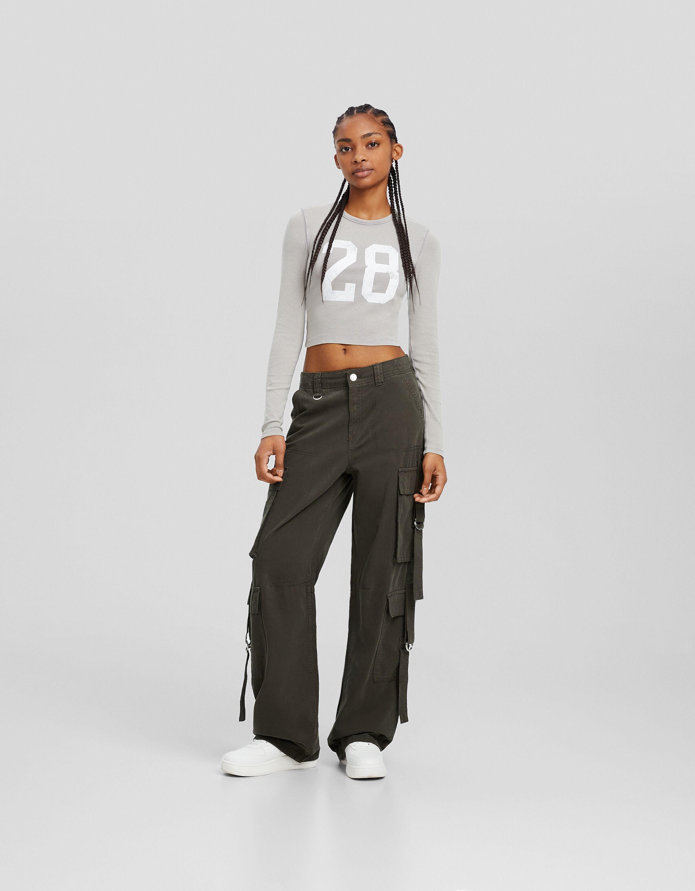 Cotton cargo pants with straps Women Bershka