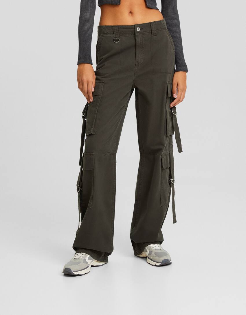 Cotton cargo trousers with straps-Khaki-1