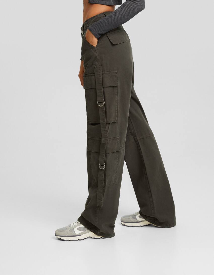 Cotton cargo trousers with straps-Khaki-3