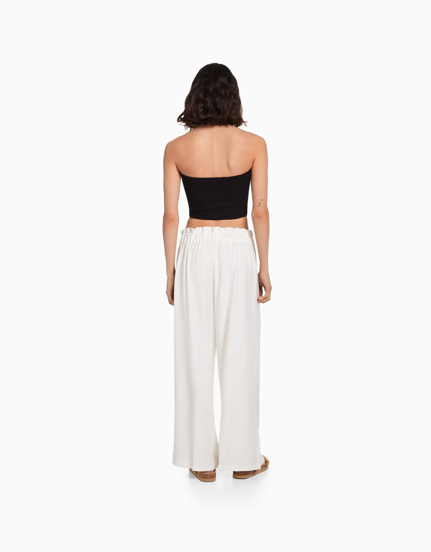 Wide-leg trousers with gathered waist-White-2