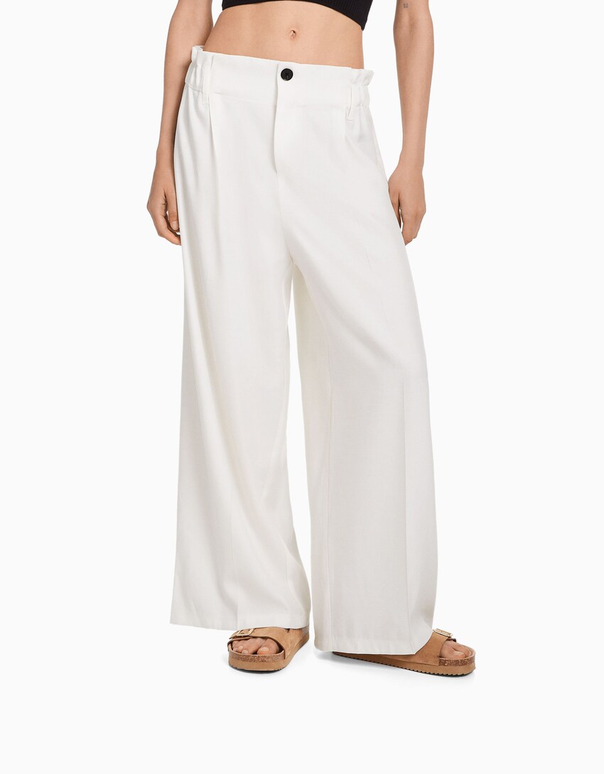 Wide-leg trousers with gathered waist-White-1