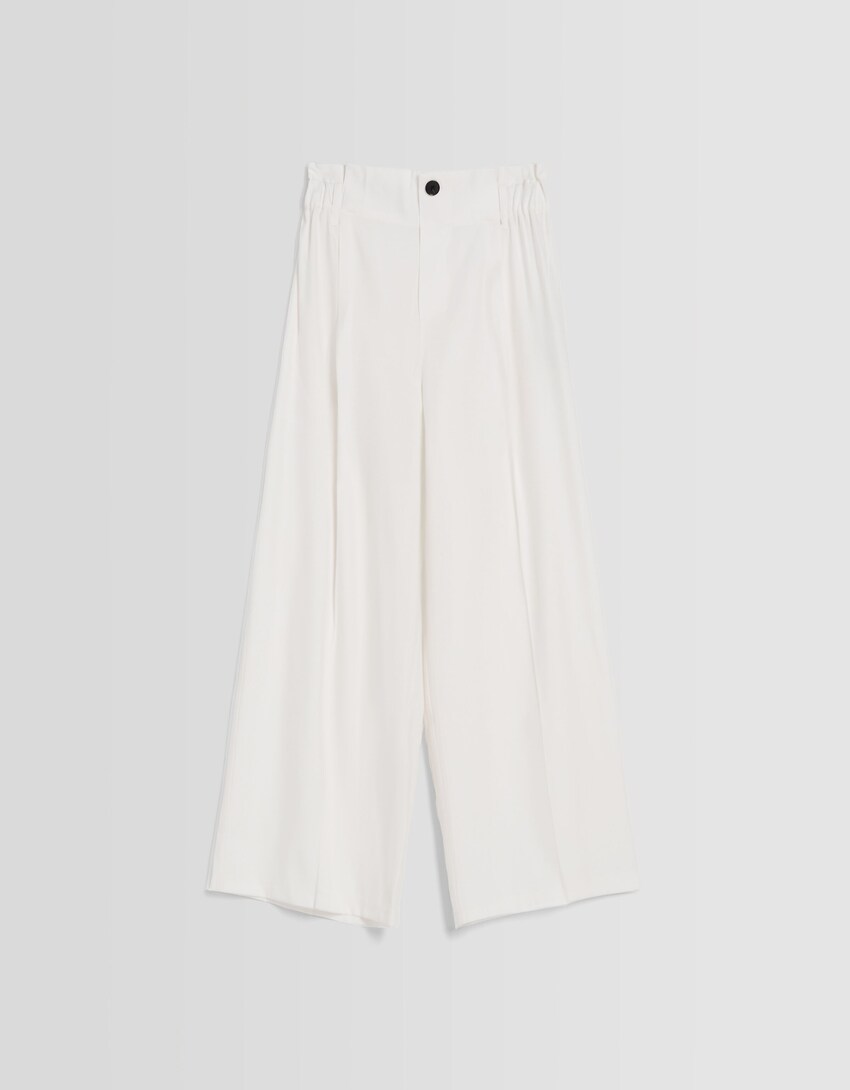Wide-leg trousers with gathered waist-White-4