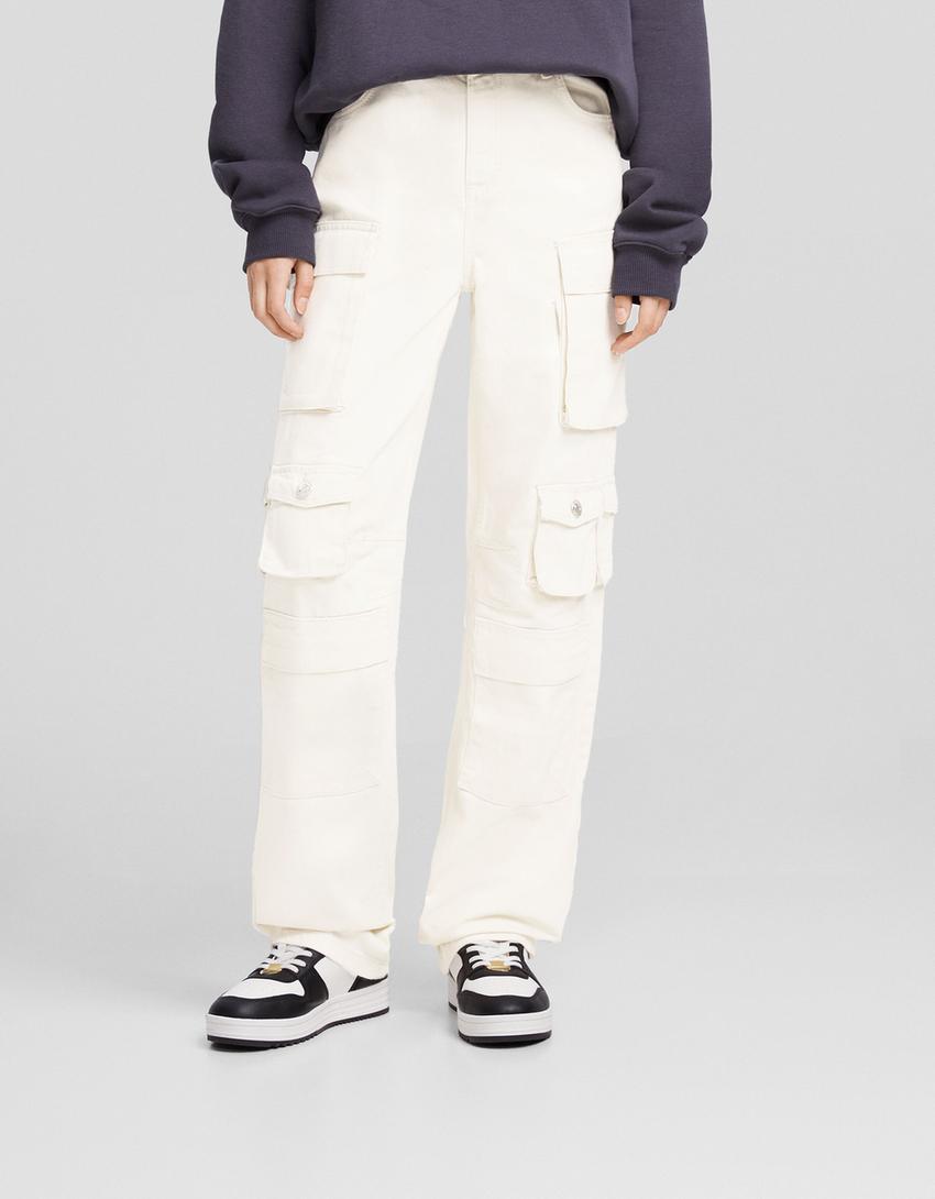 Multi-pocket twill cargo trousers-Cream-1