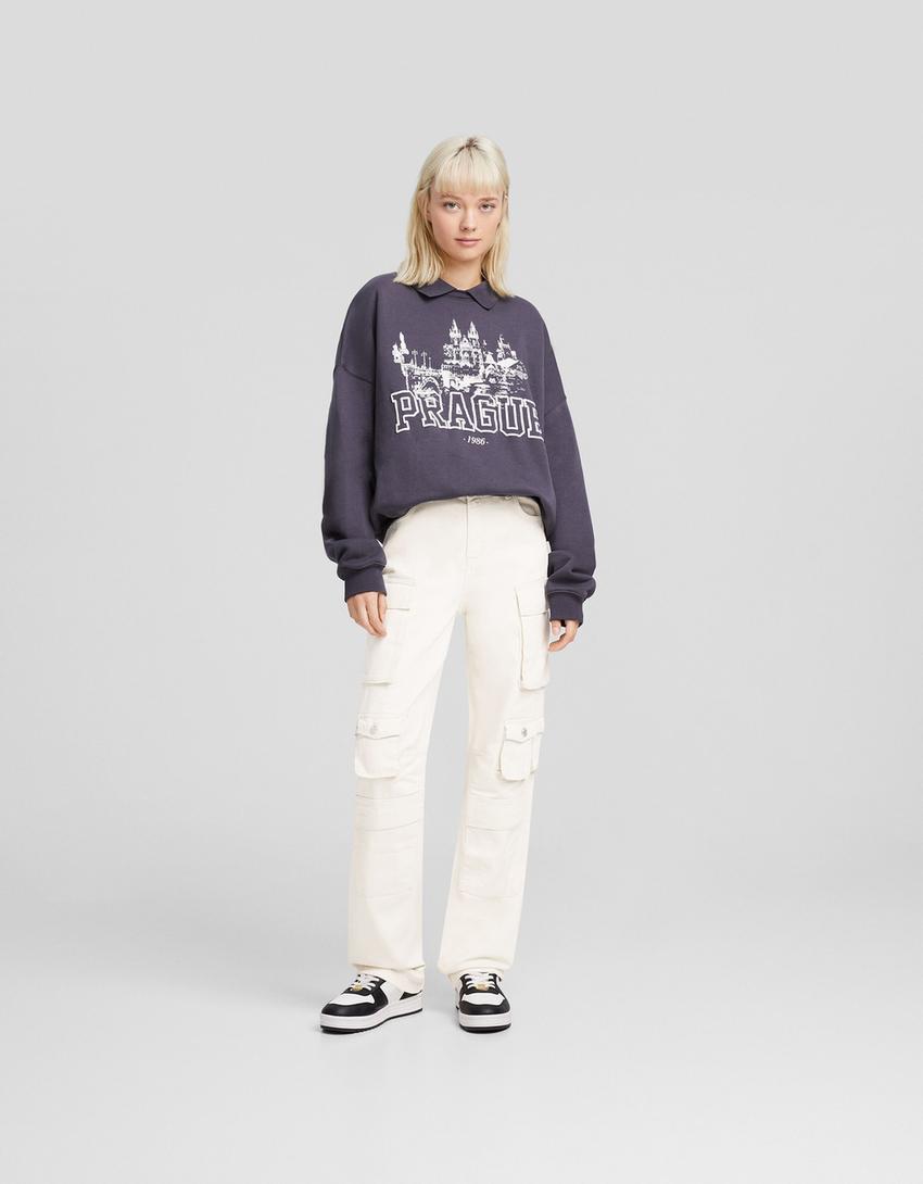 Multi-pocket twill cargo trousers-Cream-0