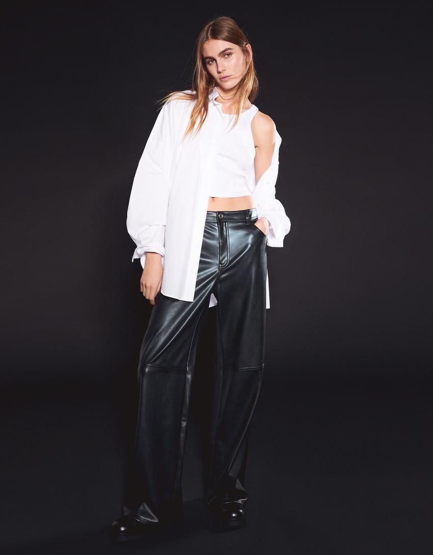 Calças direitas efeito pele-Preto-1