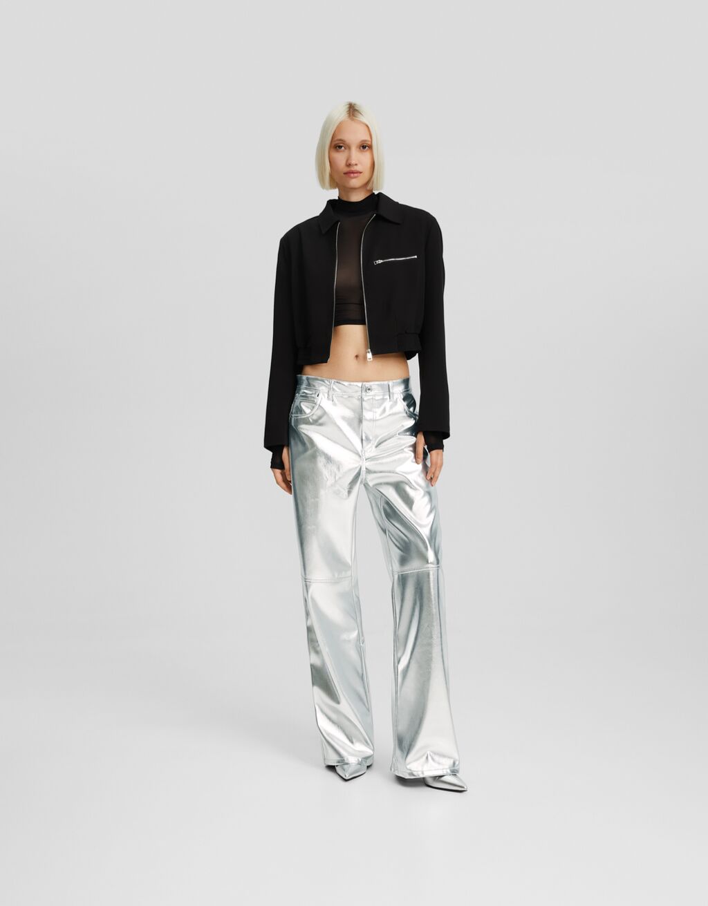 Pantal n straight efecto piel Metalizados Mujer Bershka