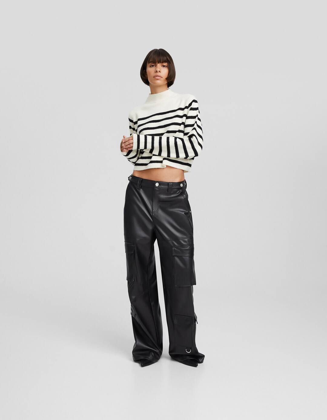 Leather effect multi-pocket cargo trousers