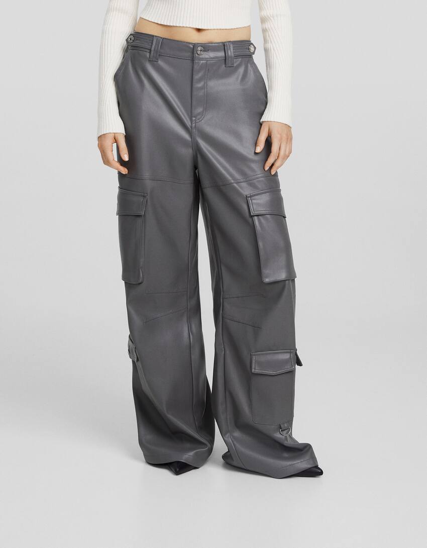 Leather effect multi-pocket cargo trousers-Grey-1