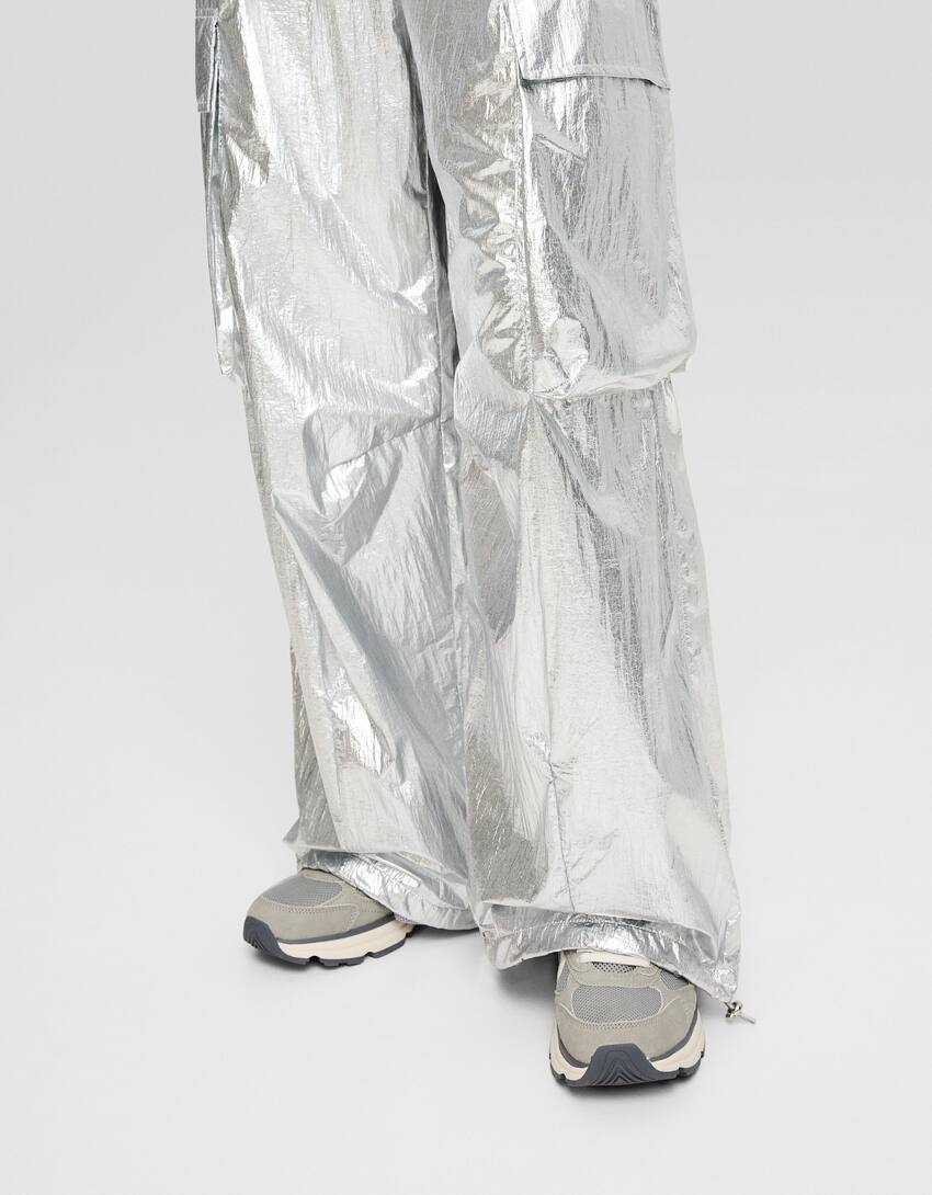 Nylon blend parachute trousers-Silver-3