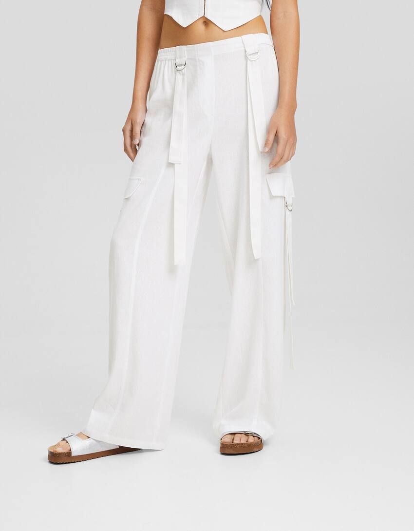 Linen blend octopus cargo trousers-White-1