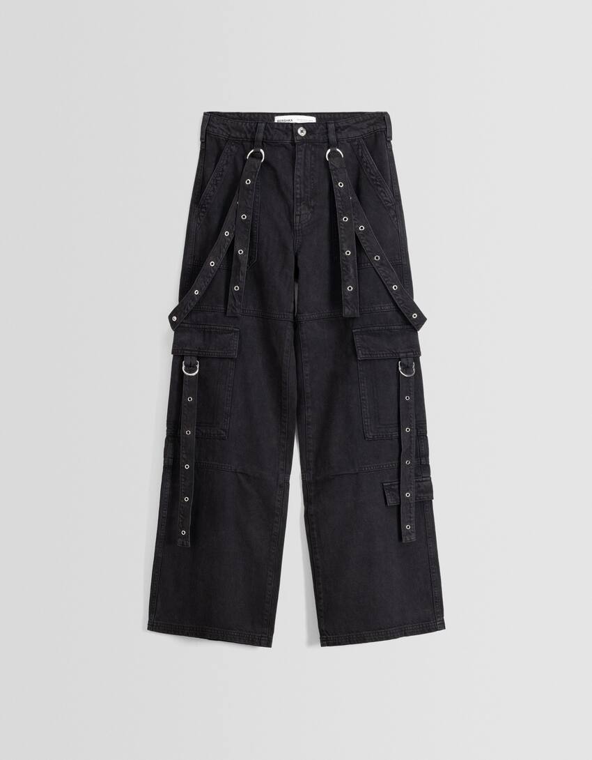 Twill cargo trousers with straps-Grey-5