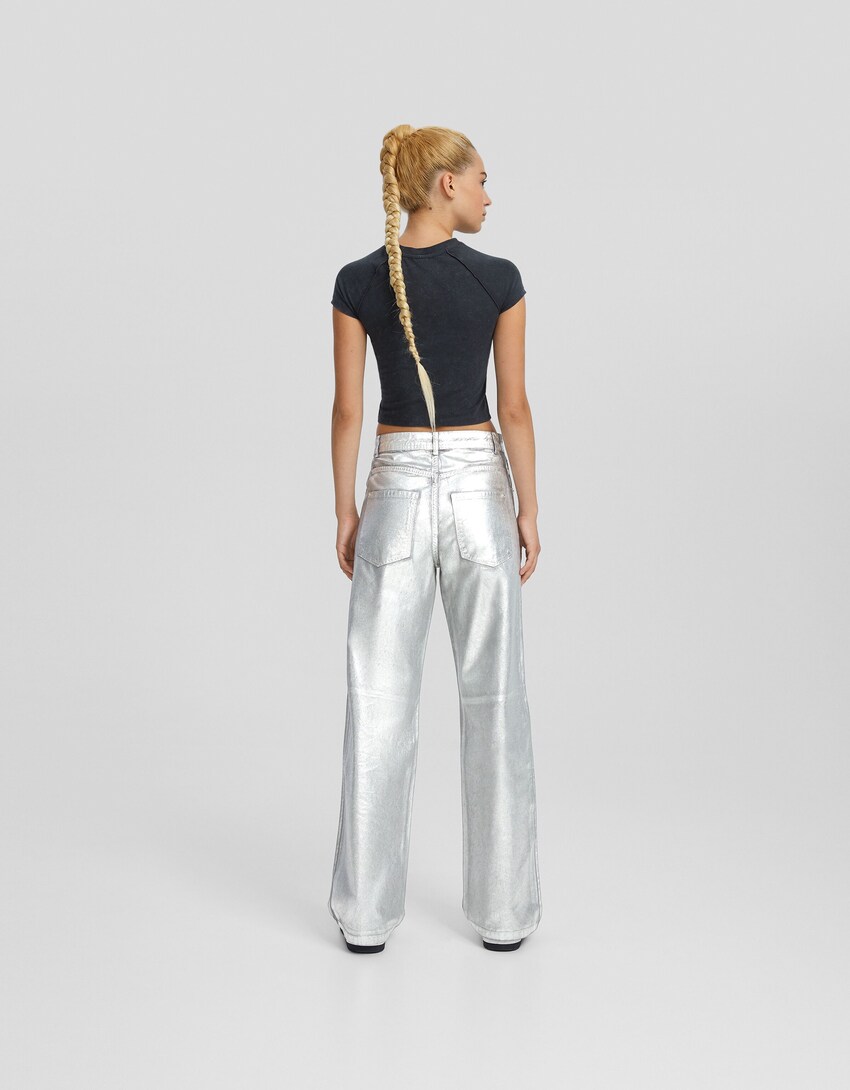 Pantaloni straight in cotone metallizzato