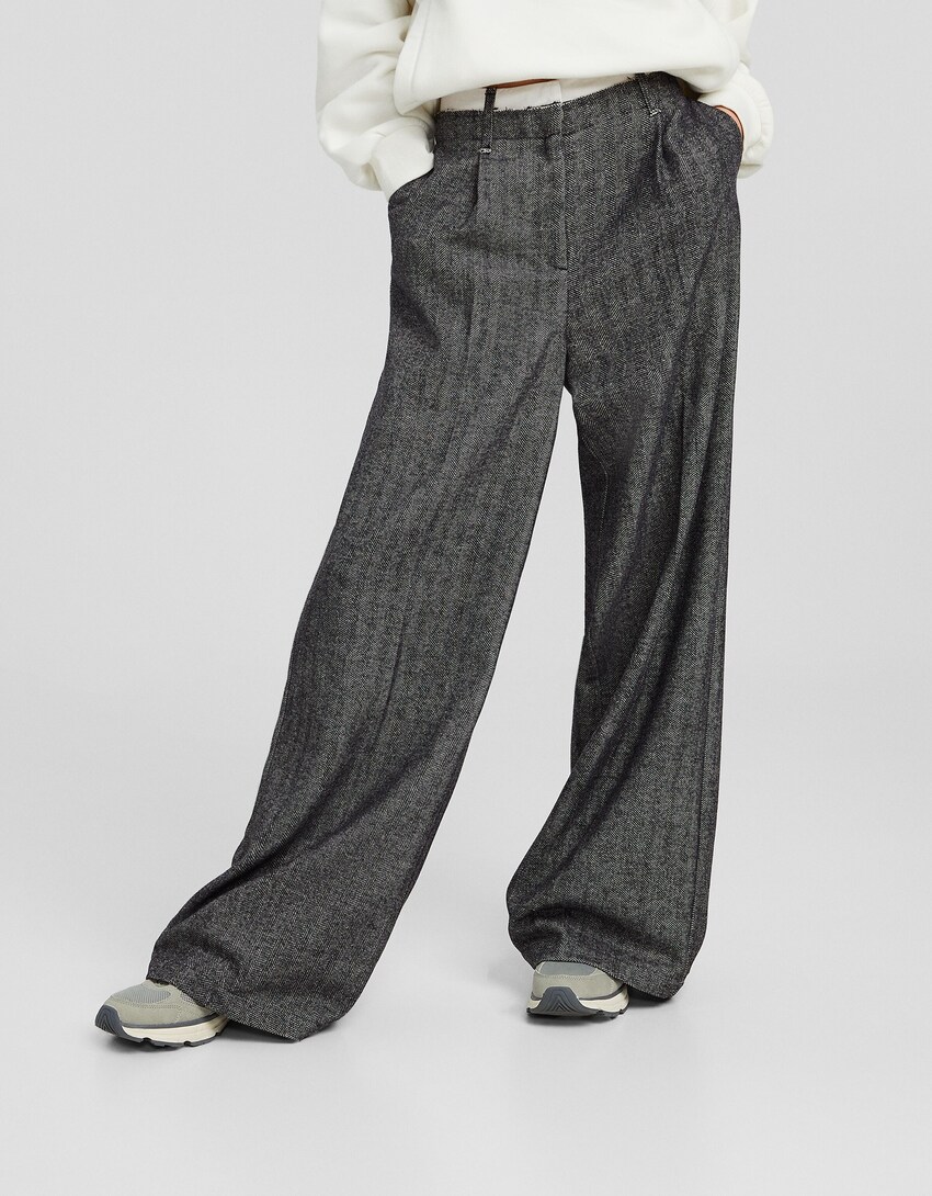 Wide-leg herringbone trousers-Grey-1