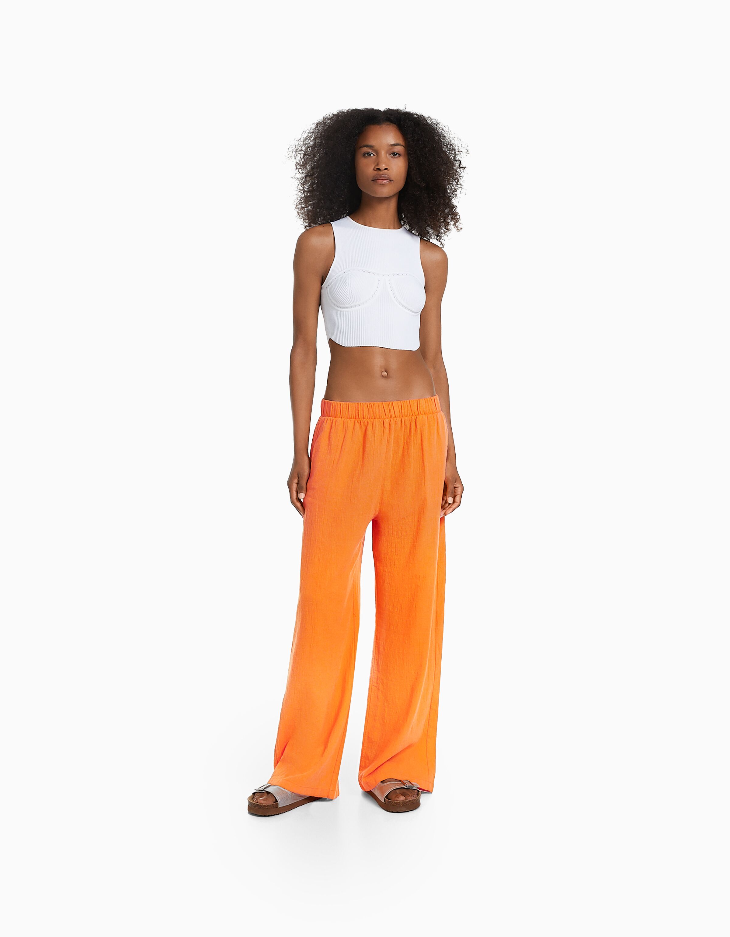 Wide leg rustic cotton trousers Women Bershka