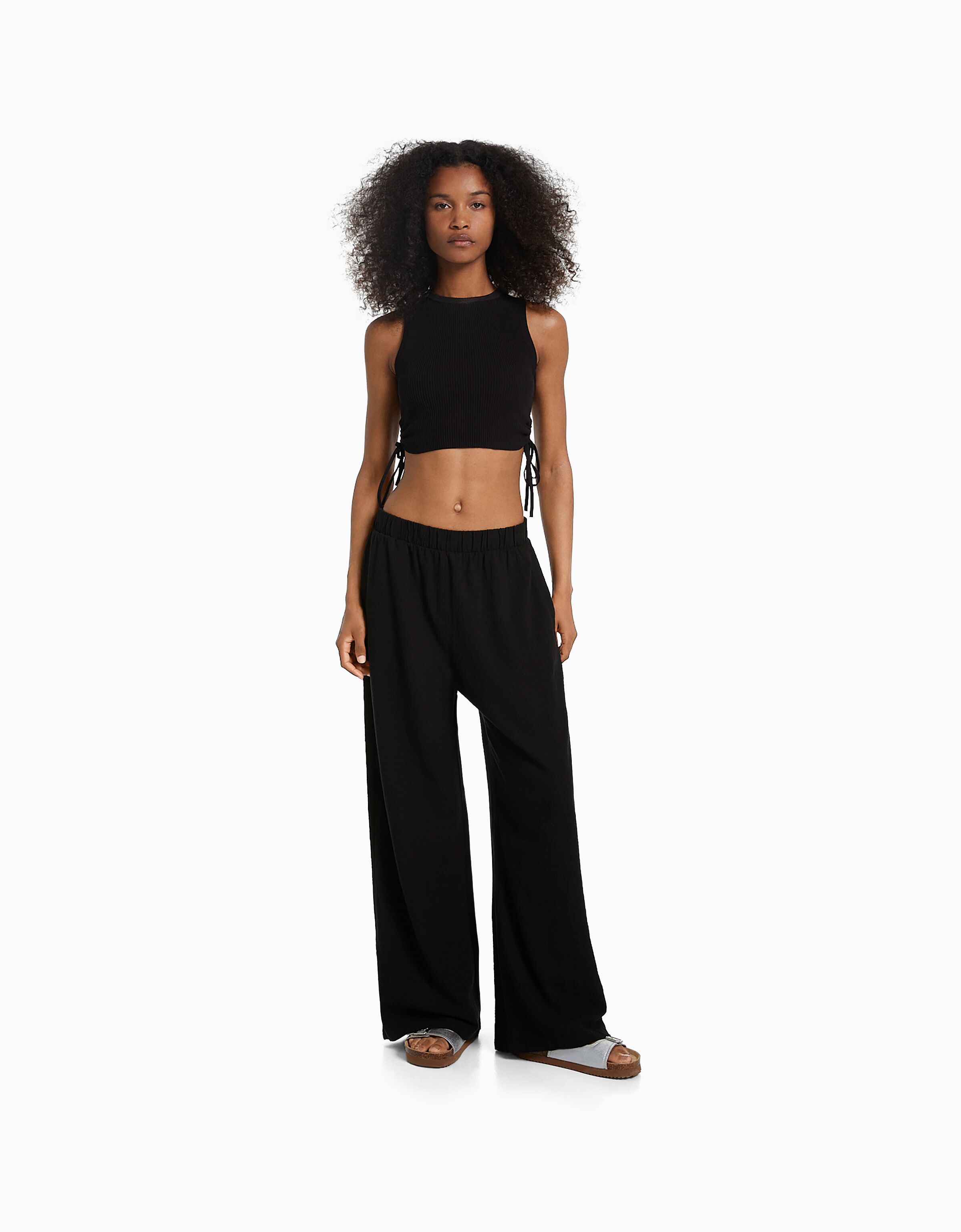 Wide leg rustic cotton pants Women Bershka