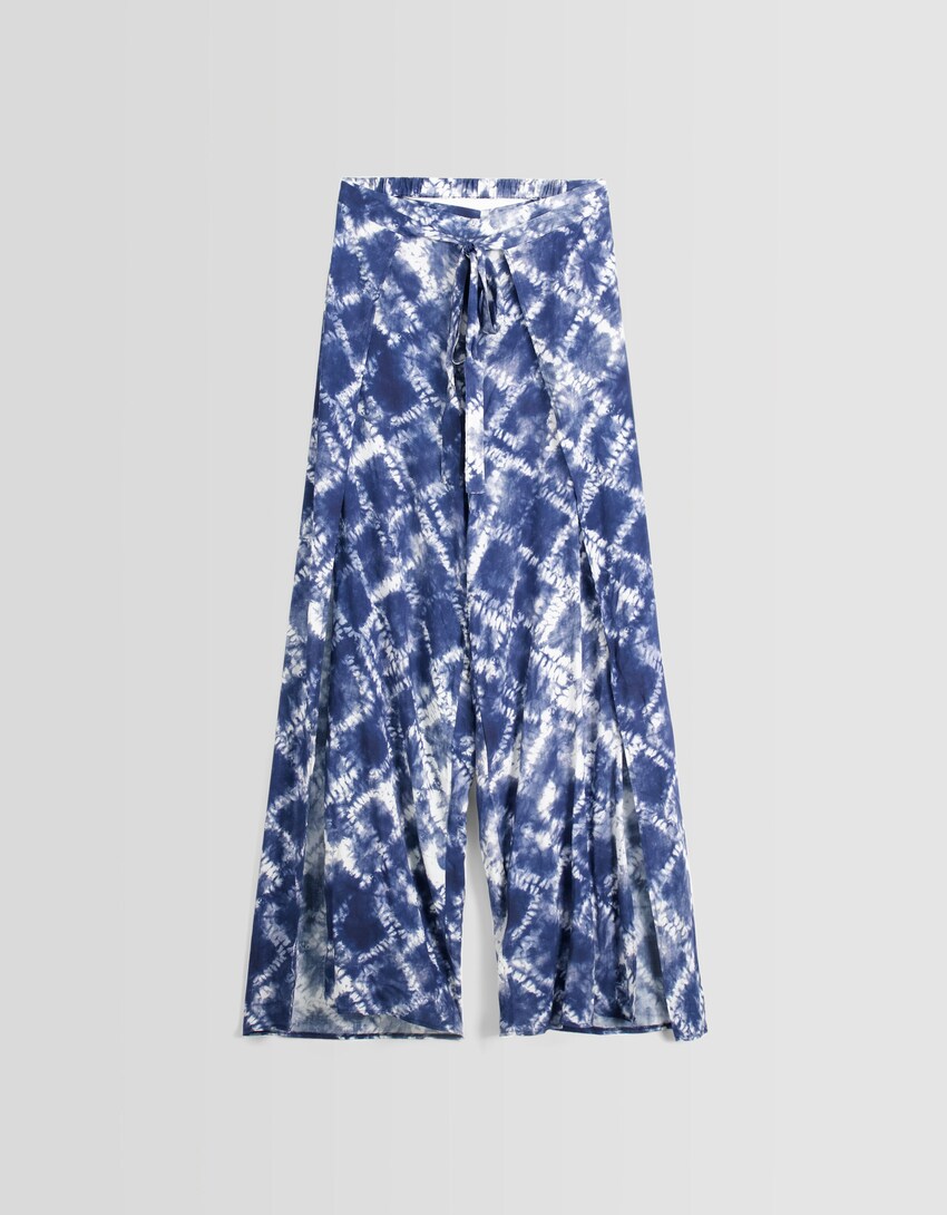 Flowing printed wrap pants-Navy-4