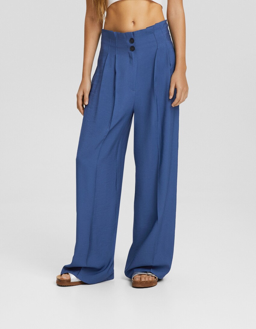 Wide-leg tailored rustic trousers-Blue-1