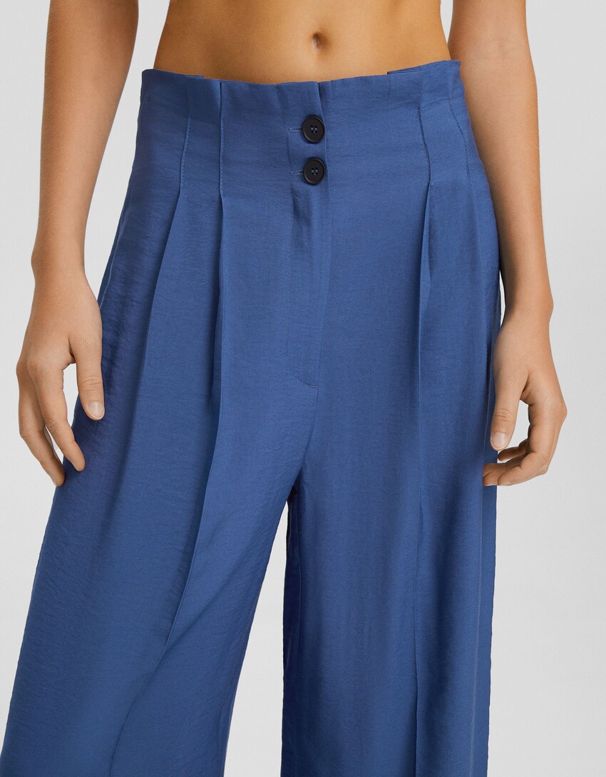 Wide-leg tailored rustic trousers-Blue-3