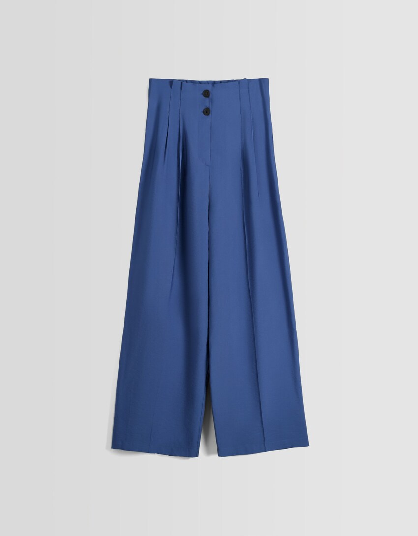 Wide-leg tailored rustic trousers-Blue-4