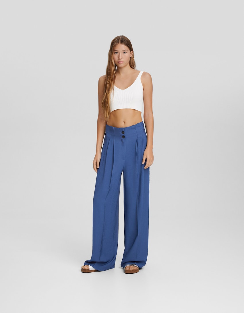 Wide-leg tailored rustic trousers-Blue-0