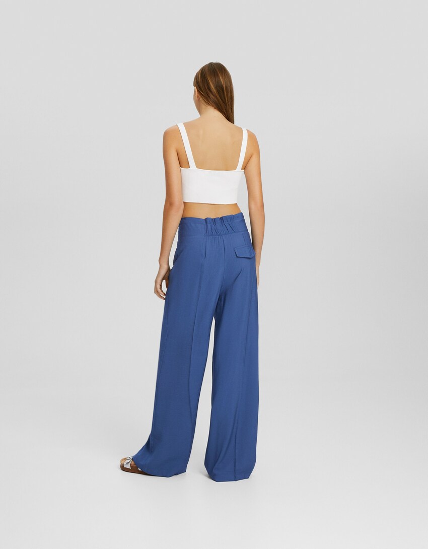 Wide-leg tailored rustic trousers-Blue-2