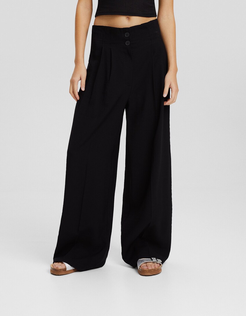 Wide-leg tailored rustic trousers-Black-1