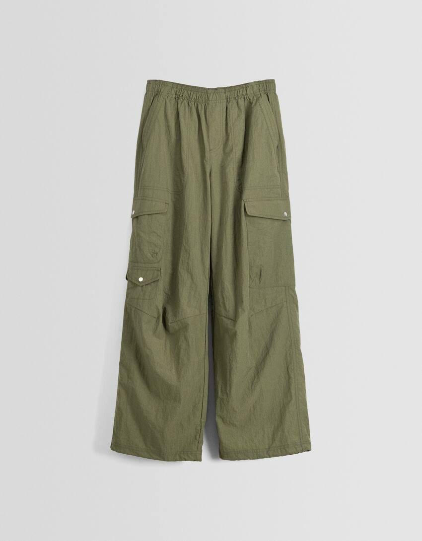Nylon parachute trousers with pockets-Khaki-5