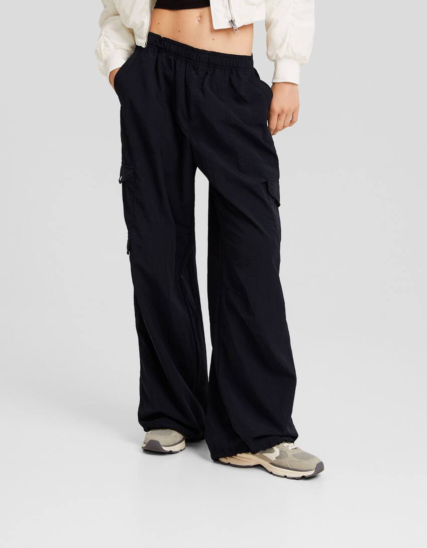 Nylon parachute trousers with pockets-Black-1