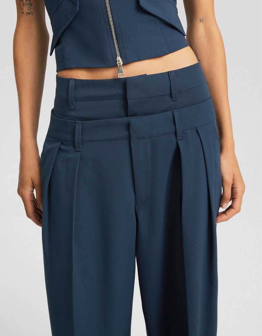 Tailored double waist trousers-Blue-3
