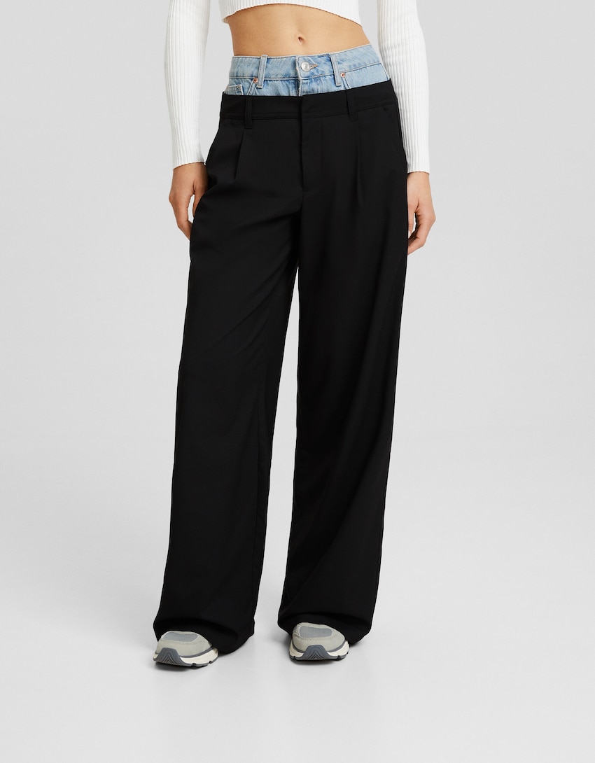 Tailored trousers with contrast denim waist-Black-1