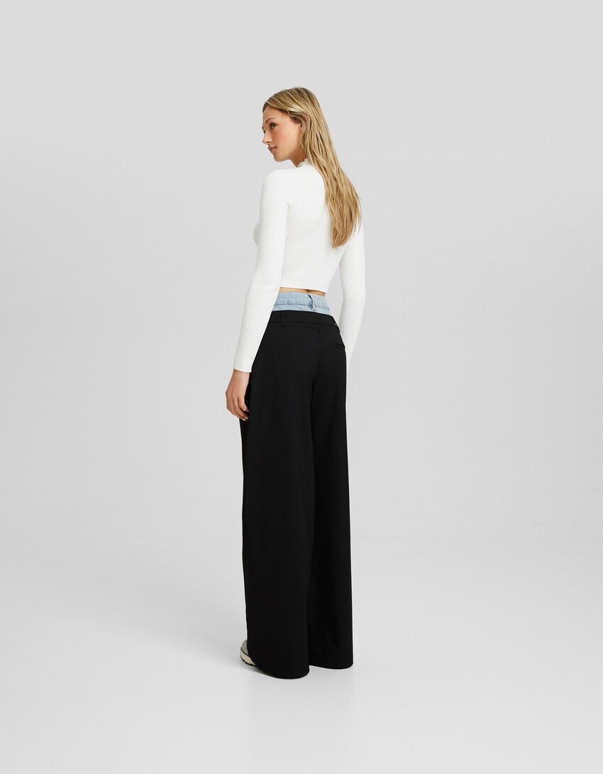 Tailored trousers with contrast denim waist-Black-2