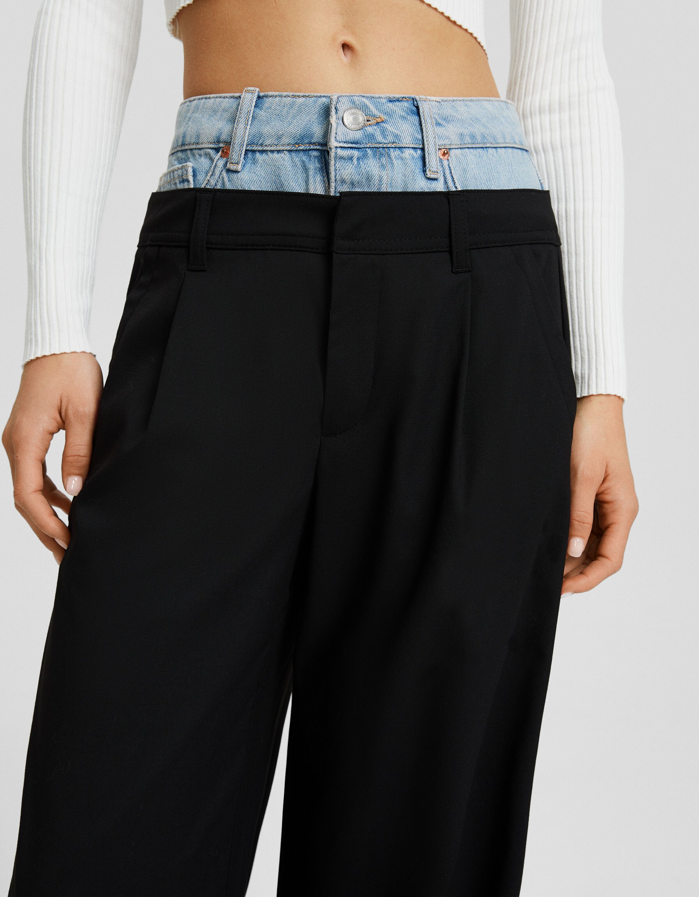 Tailored trousers with contrast denim waist-Black-3