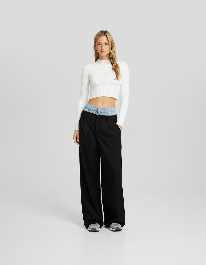 Tailored trousers with contrast denim waist-Black-0