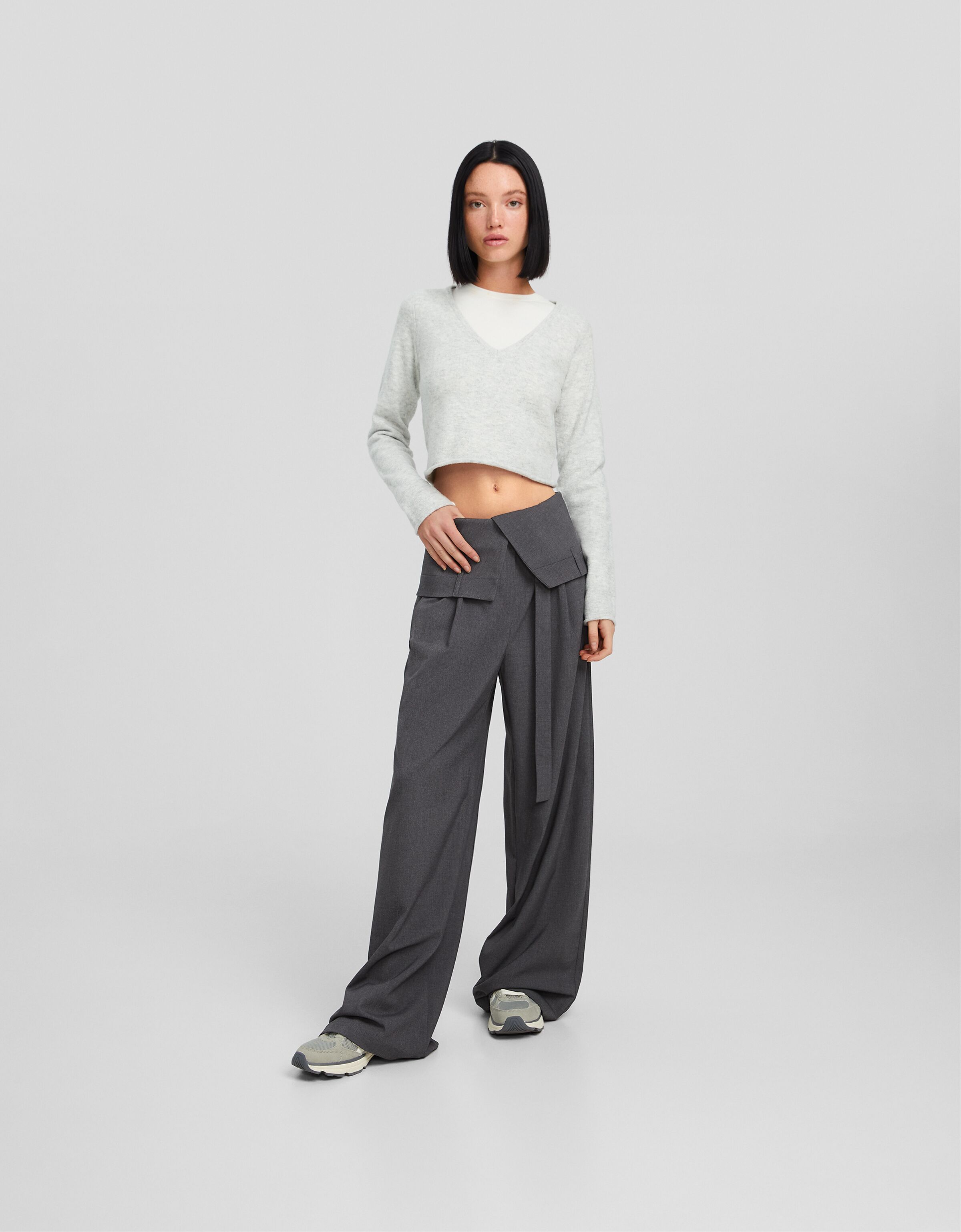 Pull&Bear high waisted tailored straight leg trouser with front seam in  black | ASOS
