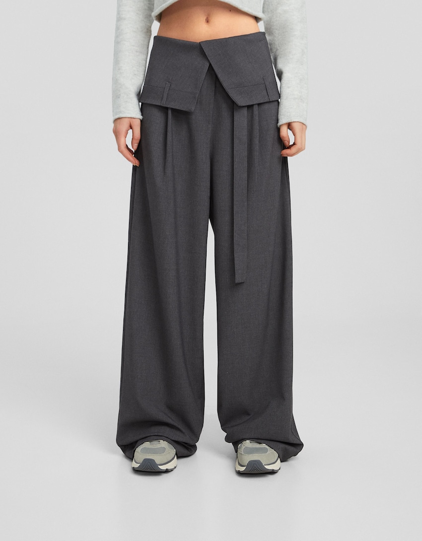 Tailored trousers with sash waist-Dark grey-1