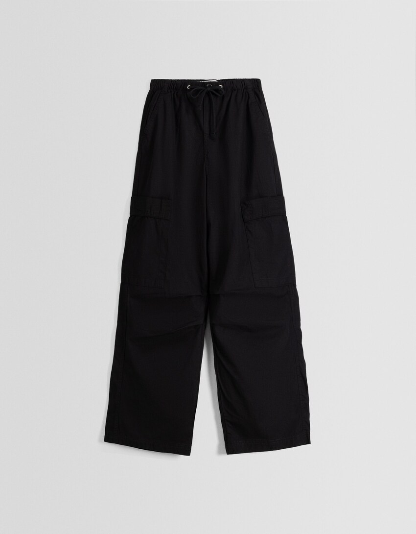 Cotton parachute pants-Black-4