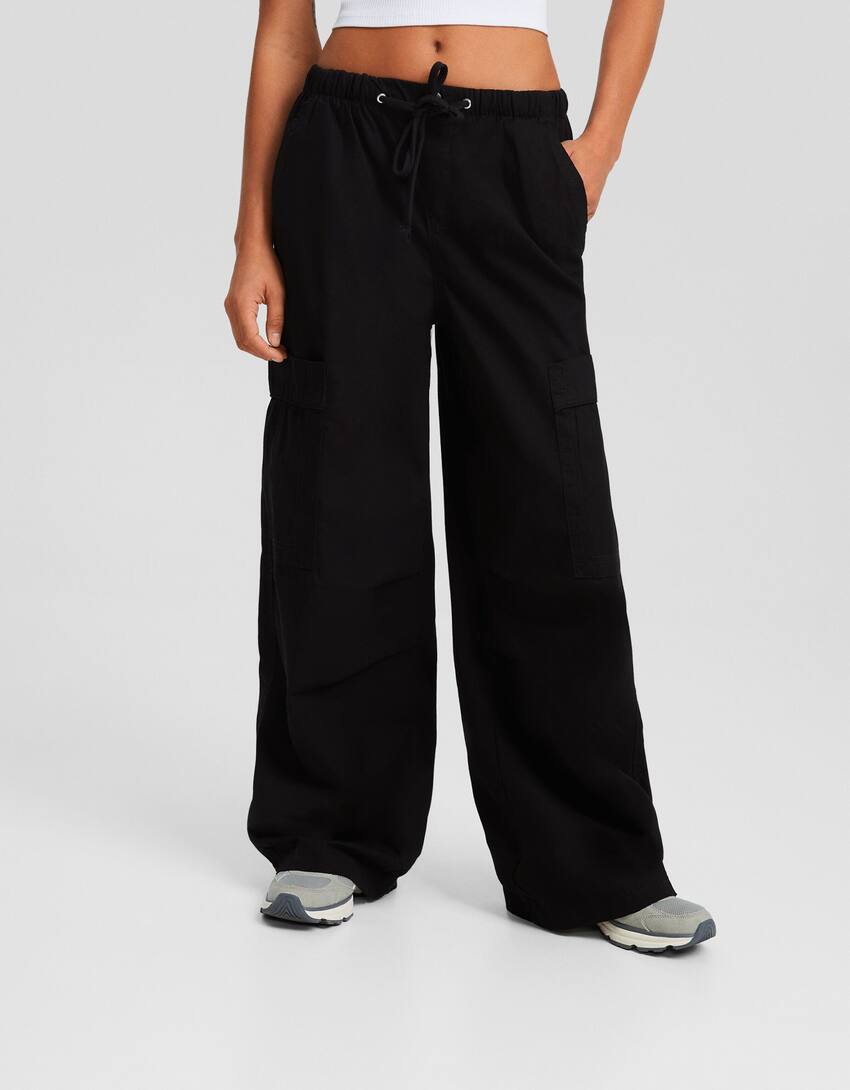 Cotton parachute trousers-Black-1