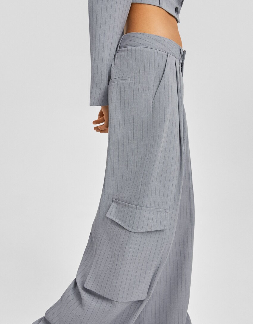 Tailored wide-leg pinstripe cargo trousers-Grey-3